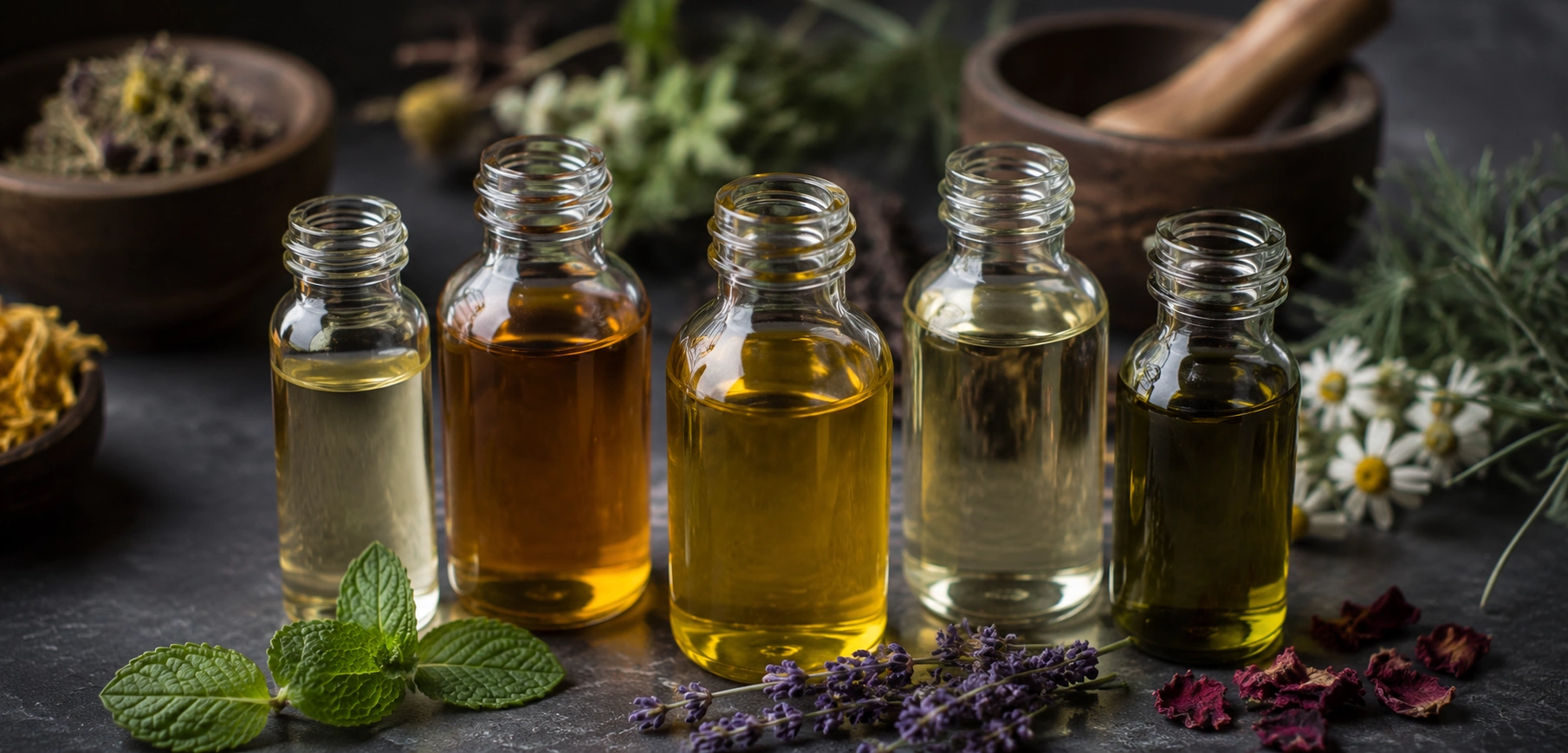 Liquid herbal extracts in glass bottles
